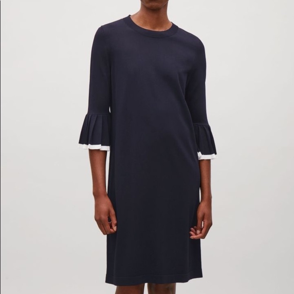 COS pleated sleeve shift dress navy